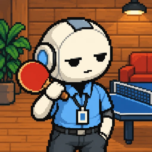 Agent No Task holding a red ping pong paddle on his shoulder