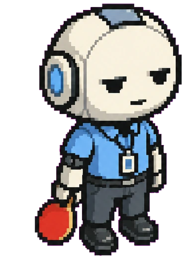 Agent No Task standing in the lounge with a paddle, doing nothing on purpose